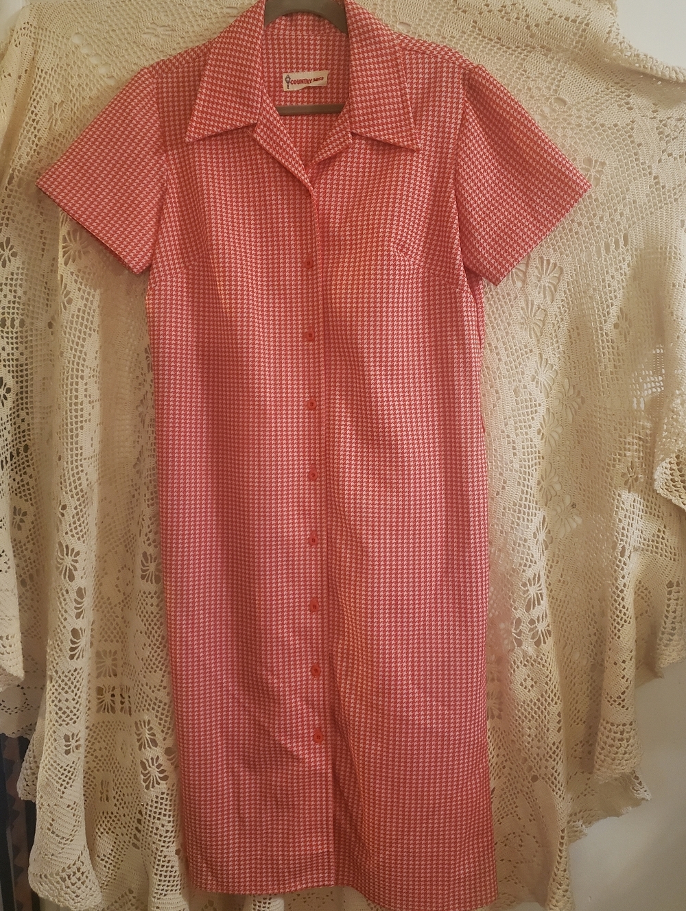Vintage 70s Country Miss Red & White Houndstooth Knit Shift Dress Smock ILGWU